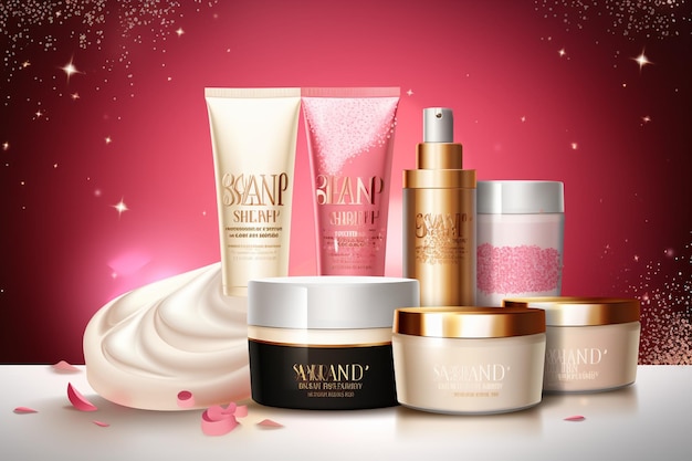 Anuncios de banner de venta de aniversario con un conjunto de productos para el cuidado de la piel sobre fondo glitterng