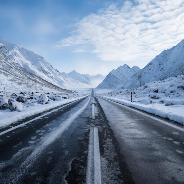 Anuncios de una carretera cubierta de nieve una carretera cubierta de nieve con montañas aisladas