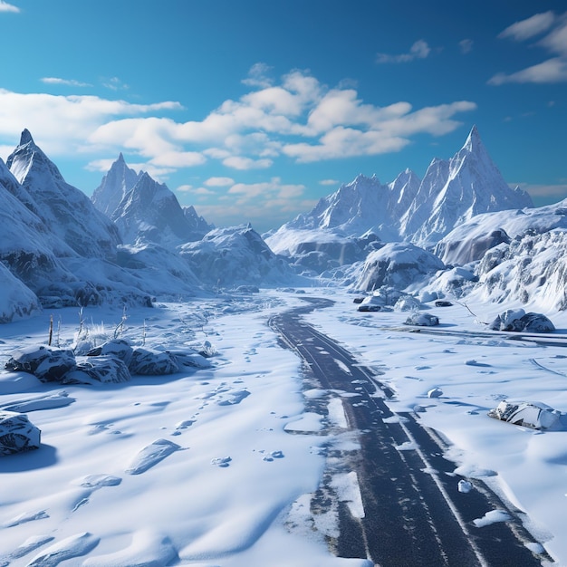 Anuncios de una carretera cubierta de nieve una carretera cubierta de nieve con montañas aisladas