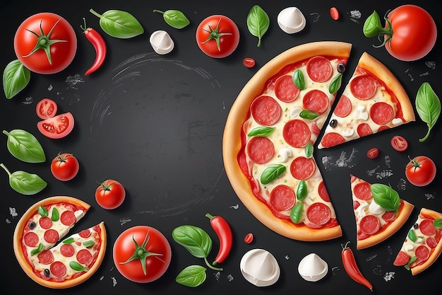 Foto anúncios de pizza de pepperoni com ingredientes deliciosos no fundo do quadro em ilustração 3d
