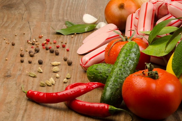 Anuncios fotográficos de salchichas con verduras en la mesa.