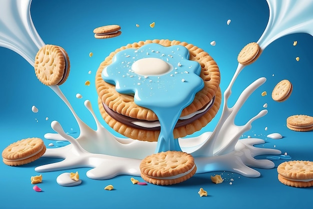 Anuncios de galletas para sándwiches Flujo delicioso de crema de vainilla Gotas de galleta en salpicaduras de leche plantilla de diseño de paquete