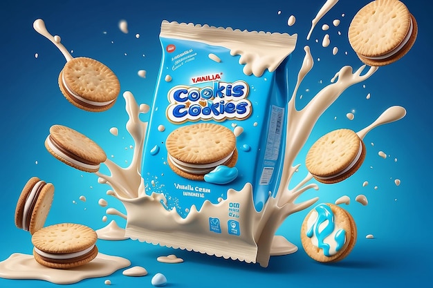 Anuncios de galletas para sándwiches Flujo delicioso de crema de vainilla Gotas de galleta en salpicaduras de leche plantilla de diseño de paquete