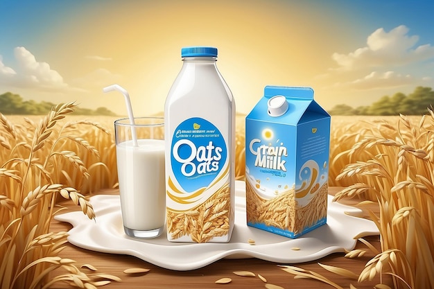 Anuncios de leche de avena con líquido giratorio y caja de cartón en blanco en el campo de grano dorado en ilustración 3D