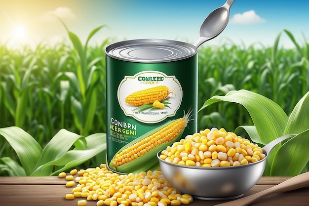 Anuncios de maíz enlatado orgánico con una cuchara de granos de maíz y una lata de estaño en fondo de campo bokeh en ilustración 3D