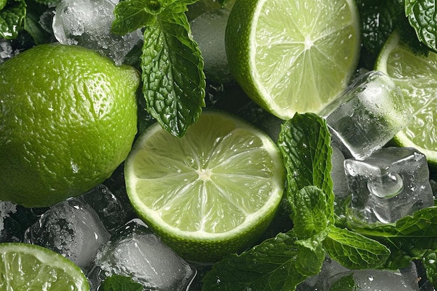 Anuncios de mojitos refrescantes con cubitos de hielo y limas.