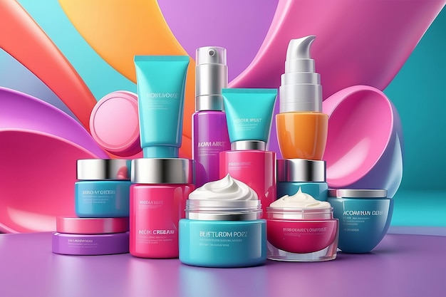 Foto anuncios de productos de cremas cosméticas contra un fondo colorido en una ilustración 3d