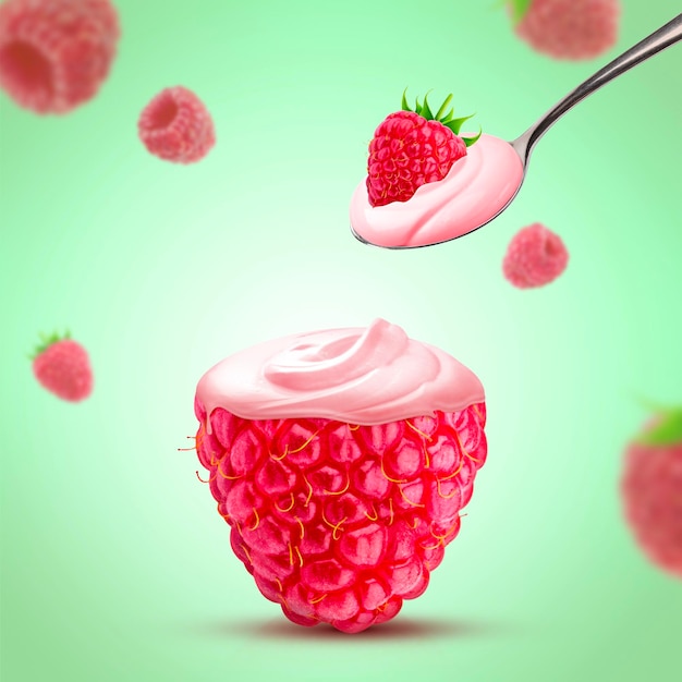 anuncios de yogur de frambuesa, una cucharada de yogur de frambuesa cremoso afiche creativo aislado,