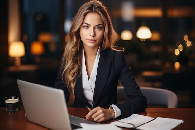 Anwältin im Anzug am Arbeitsplatz mit Laptop