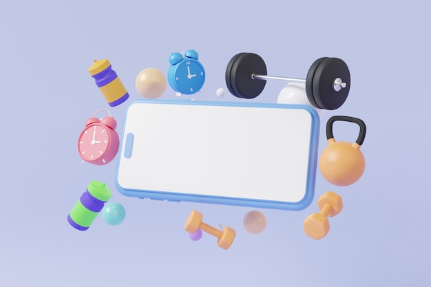 Anwendung gesund auf dem Smartphone Online-Fitness-Übungstool Sportkonzept und Weckerausrüstung mit Hantel-Yoga-Matte Mineralwasser Gesundheitswesen minimale Cartoon-3D-Darstellung