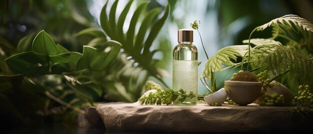 Anzeige von botanischen Designelementen in einer Flasche mit natürlichen Spa-Produkten mit natürlichem Hintergrund