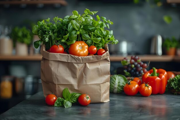 Anzeige von frischen Produkten in einer modernen Küchenumgebung mit Einkaufstasche Konzept Frische Produkte Moderne Küchen-Einkaufstasche
