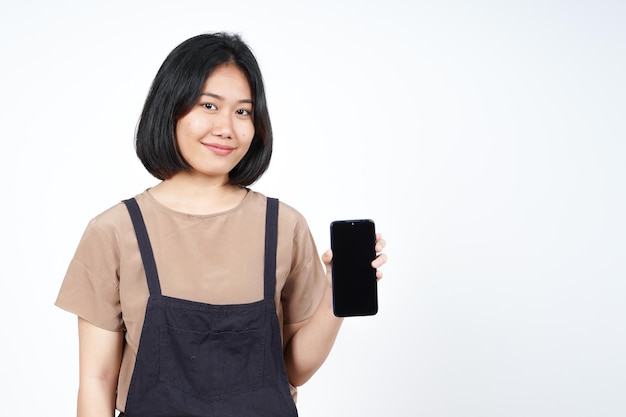 Anzeigen von Apps oder Anzeigen auf dem Smartphone des leeren Bildschirms der schönen asiatischen Frau, Isolated On White Background