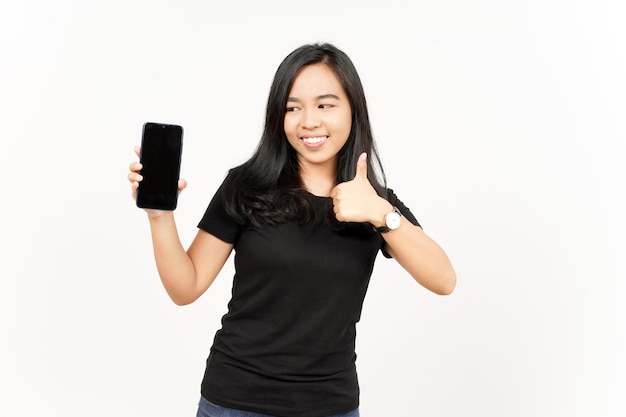 Anzeigen von Apps oder Anzeigen auf dem Smartphone des leeren Bildschirms der schönen asiatischen Frau, Isolated On White Background