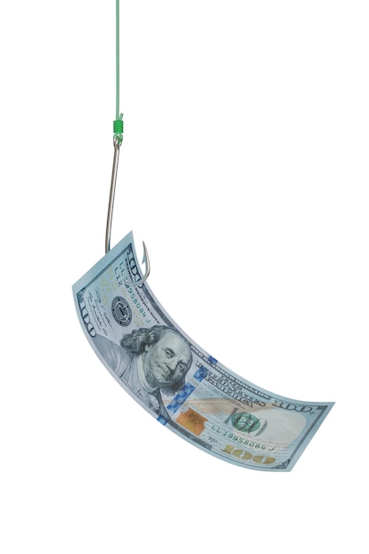 Anzol de pesca com uma nota de dólar isolada na ilustração 3d de fundo branco