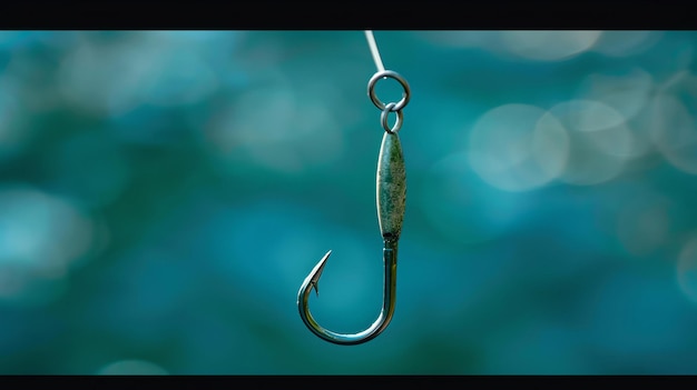Foto un anzuelo plateado brillante cuelga de una cuerda de pesca contra un fondo borroso de agua azul