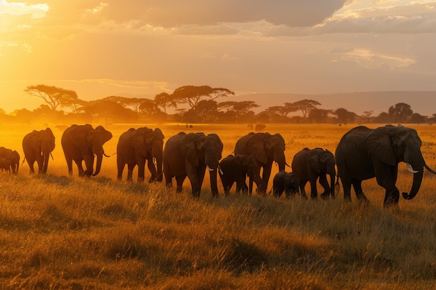Ao anoitecer, uma manada de elefantes atravessa a planície.