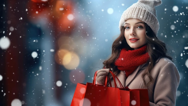 Ao ar livre, uma jovem linda moda com um elegante casaco de inverno segurando uma sacola de compras vermelha posando na rua da cidade nevada, espaço para cópia