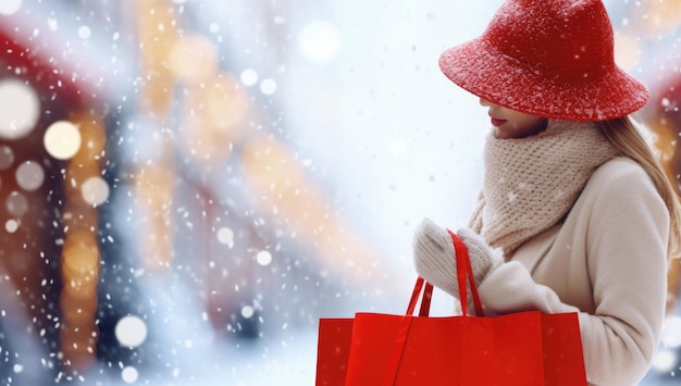 Ao ar livre, uma jovem linda moda com um elegante casaco de inverno segurando uma sacola de compras vermelha posando na rua da cidade nevada, espaço para cópia