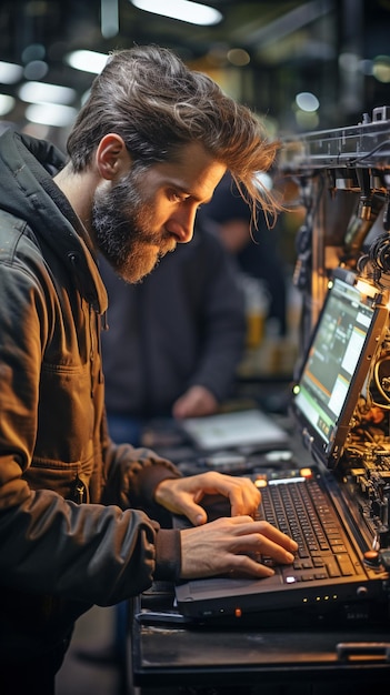 Foto ao inserir dados de trabalho, um trabalhador de fabricação programa uma máquina-ferramenta cnc industrial