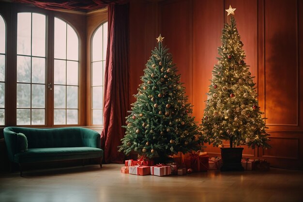 Foto ao lado da caixa de presentes da janela colocado sob a árvore de natal e abstrato fundo de luz criativa vibrante