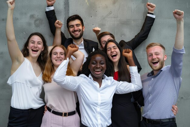 Foto ao lado de uma parede cinzenta, uma equipa de empregados celebra o seu sucesso com sorrisos.