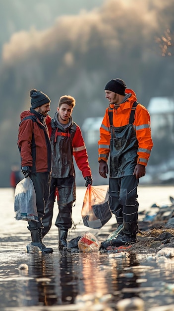 Ao lado do rio, três voluntários em uniforme conversam enquanto carregam lixo
