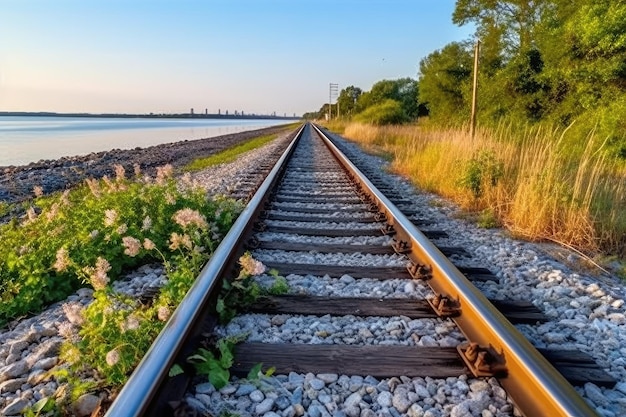 ao longo de uma ferrovia em uma manhã de verão AI Gerado