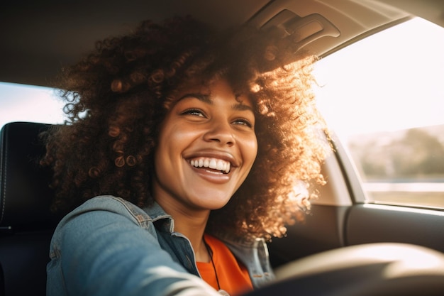 Foto ao volante, uma mulher afro-americana confiante assume a liderança