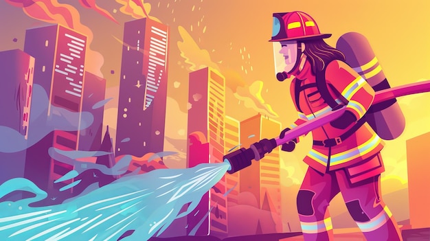 Apagando incêndio com mangueira bombeiro jogando água em arranha-céus em chamas Ilustração plana