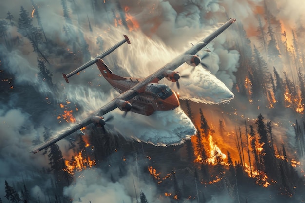Apagando un incendio forestal con la ayuda de aviones de bomberos el bosque está ardiendo un fuerte fuego