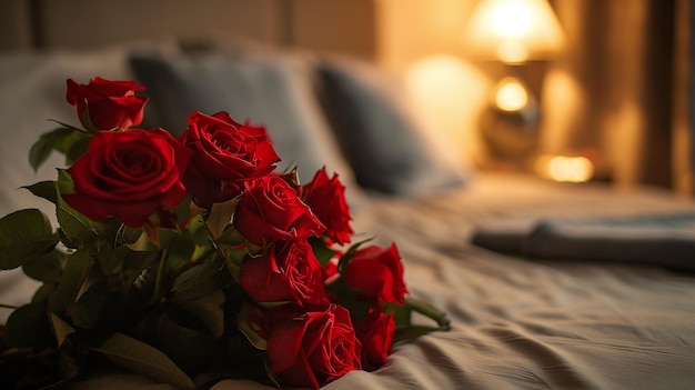 Apaixonado despertando rosas vivas em uma cama de sonhos