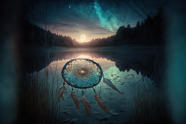 Apanhador de sonhos brilhante deitado na superfície do lago de fantasia ao entardecer criado com generative ai
