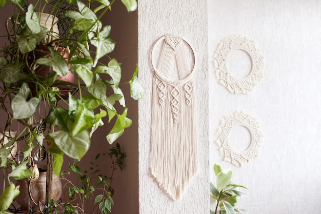 Foto apanhador de sonhos de macramé de algodão feito à mão no fundo branco da parede. amuleto tradicional para proteger o sono. renda macramê na parede com folhas verdes
