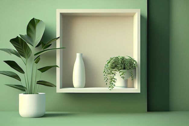 Aparador de madera en salón verde con espacio de copia Generative Ai