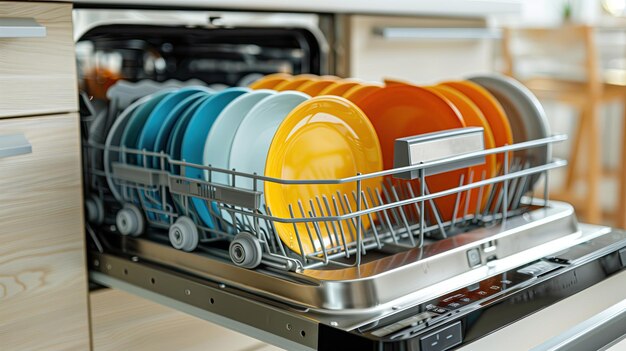 Aparato de cocina lleno de platos, platos de plata y cuencos en el edificio