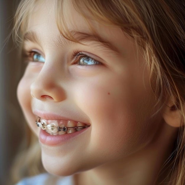 Foto aparato de ortodoncia extraíble de primer plano cara de niño con soporte dientes de niña con aparatos ortopédicos
