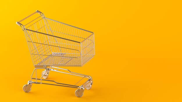 Foto aparcamiento de una cesta de la compra vacía sobre un fondo amarillo con un espacio de copia. el tema de la tienda y las compras, render 3d.