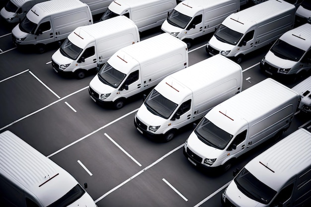 Aparcamiento de coches con mucha furgoneta de carga blanca