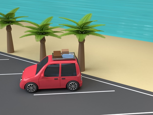Aparcamiento rojo en la playa mar azul palmeras de coco estilo de dibujos animados render 3d concepto viajes verano concepto