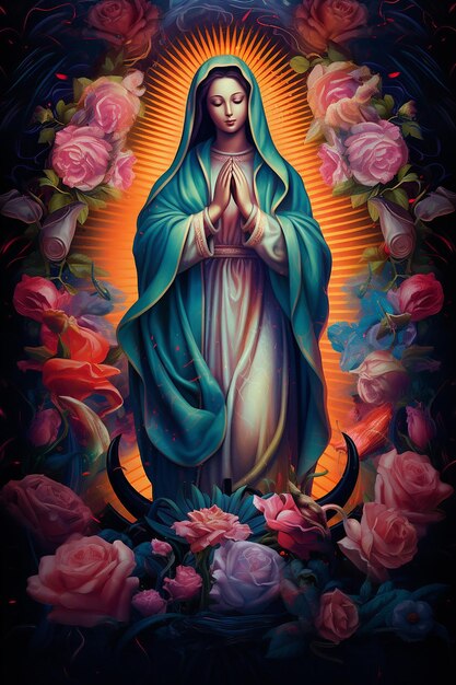 Foto aparicin de la virgen maria como el póster de una pelcula de hollywood muy colorido