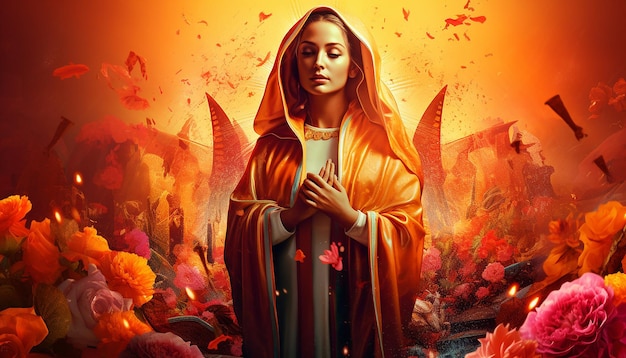 Aparicin de la virgen Maria como el poster de una pelcula de hollywood sehr farbenfrohe