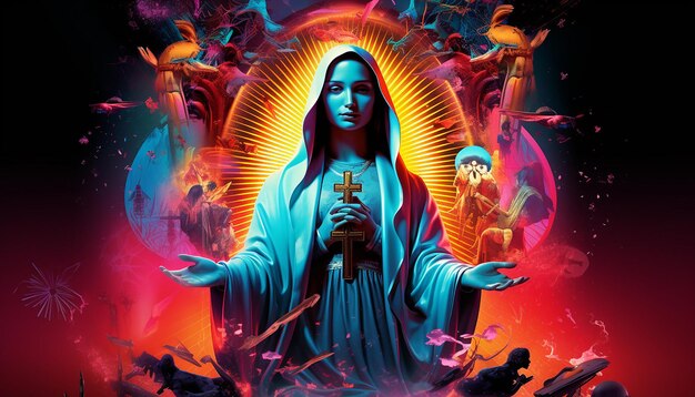 Foto aparicin de la virgen maría como el poster de una pelcula de hollywood muy colorido