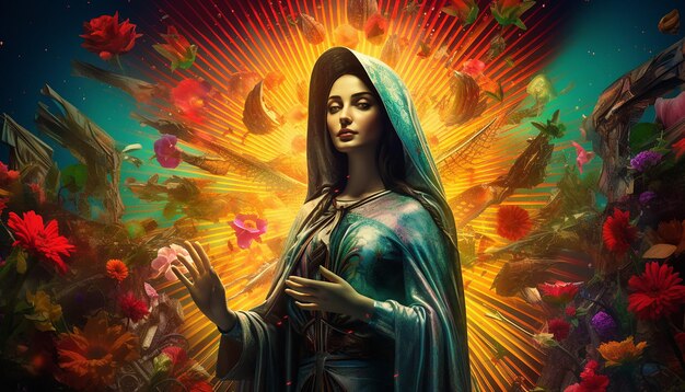 Foto aparicin de la virgen maría como el poster de una pelcula de hollywood muy colorido