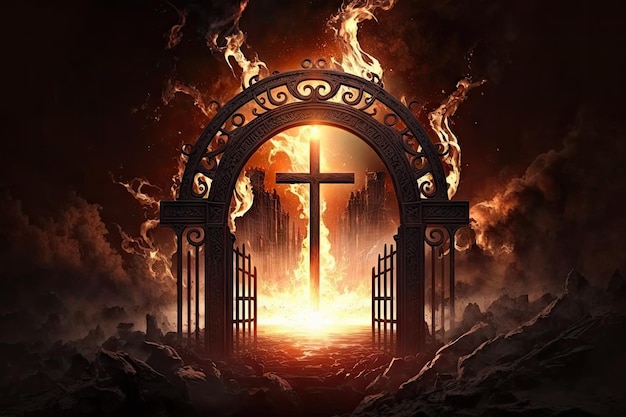 Aparición de la malvada resurrección representada en la imagen contra el fondo de la puerta al infierno