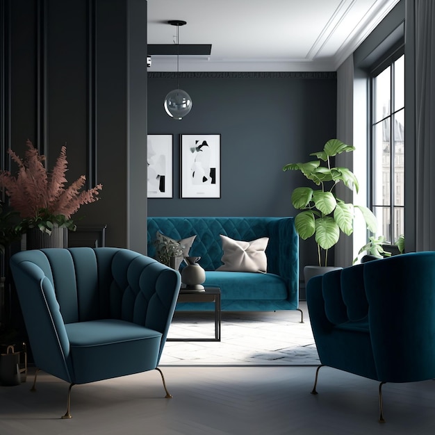 Apartamento aconchegante de design de interiores com poltronas cinza sofá azul e parede preta na sala de estar IA generativa