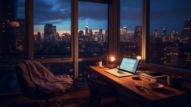 Foto apartamento alto à noite trabalhando em um laptop com vista para a cidade pela janela