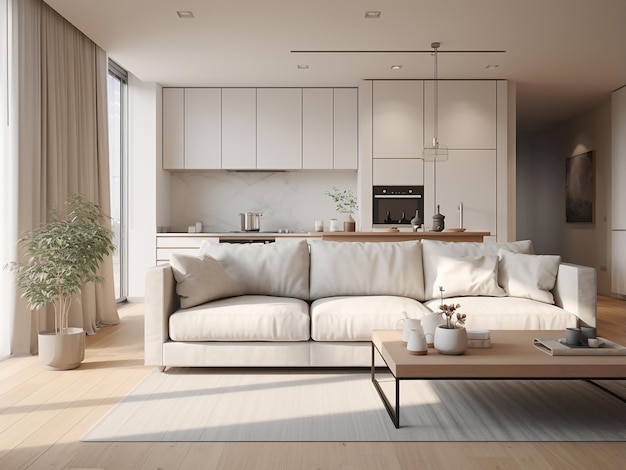 Un apartamento blanco prístino con muebles de buen gusto y una habitación acogedora Generación AI