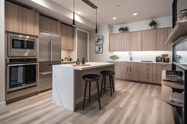 Apartamento com novos acessórios elegantes de cozinha personalizados e aparelhos modernos criados com IA generativa