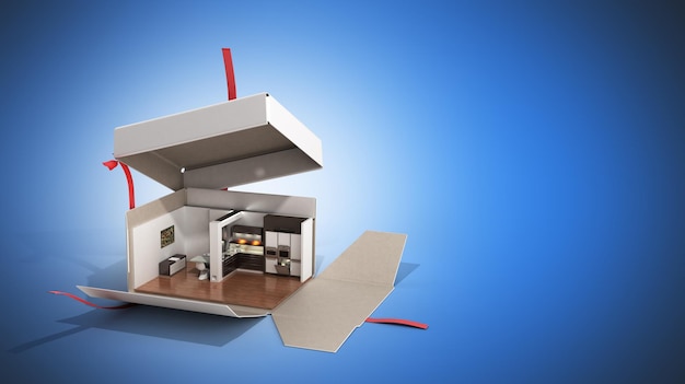 Apartamento conceito como um presente Interior da cozinha em uma caixa aberta renderização 3d em azul